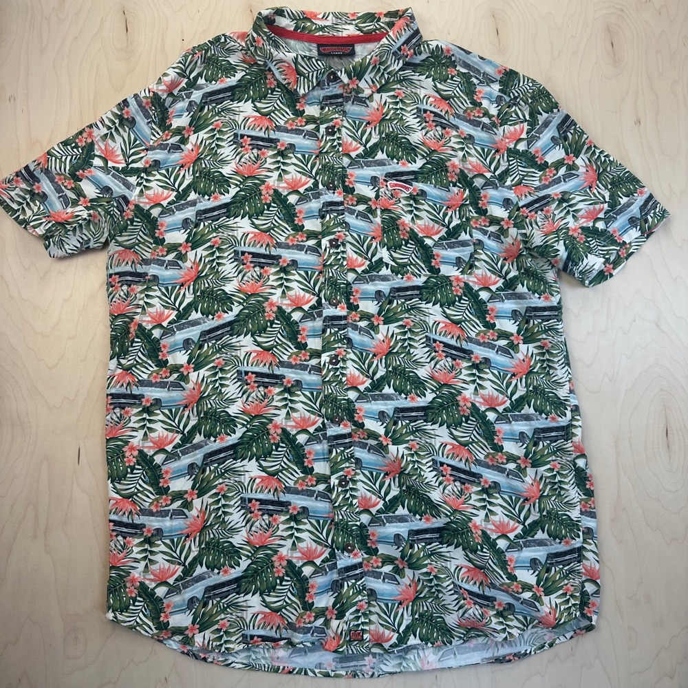 GOODGUYS Hawaiian Shirt Mens L Cars Floral Palm Print Rayon Button Up